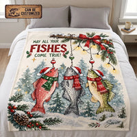 May All Your Fishes Come True Christmas Fishing Fleece Blanket