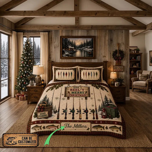 Have A Reel-Y Merry Christmas Fishing Quilt Bedding Set