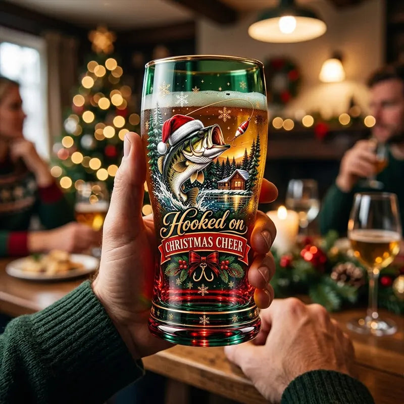 Hooked On Christmas Cheer Bass Fishing Christmas Drinking Glass