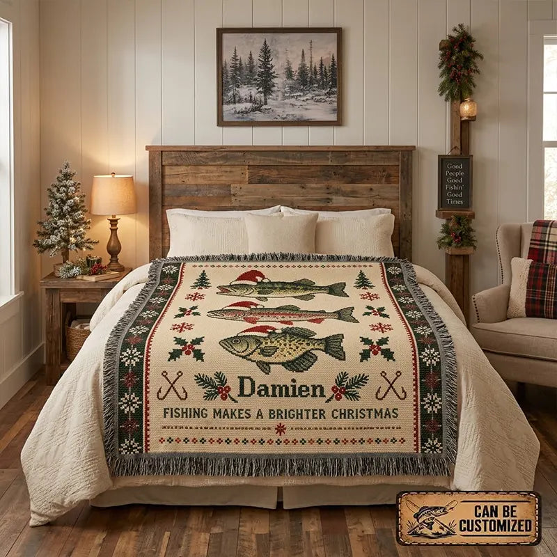Fishing Makes A Brighter Christmas Santa Hat Fish Tassels Blanket