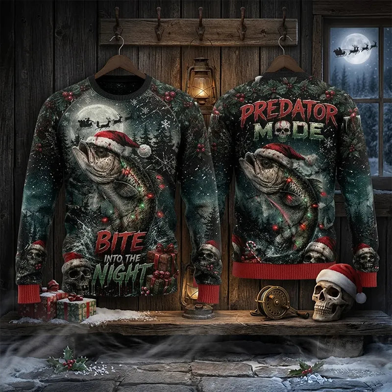 Bite Into the Night Bass Fishing Ugly Christmas Sweater