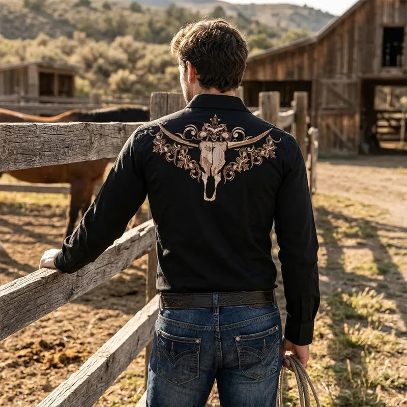 Longhorn Skull Vintage Cowboy Wild West Hunter Western Shirt