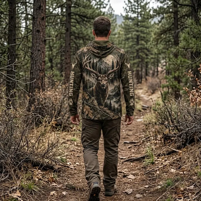 Real Tree Camo Elk Hunting Graphic Hooded Long Sleeve Shirt