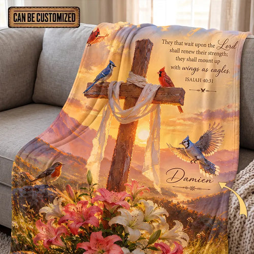 Personalized Isaiah 40:31 Christian Cross Birds Fleece Blanket