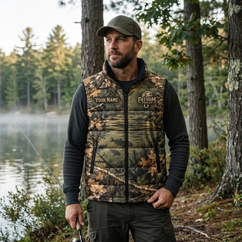 Personalized Fathom Thread Cast Deep Fish Hard Bass Fishing Puffer Vest