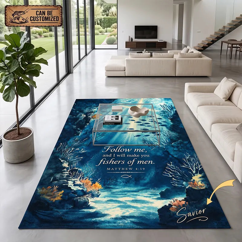 Personalized Matthew 4:19 Christian Fishing Ocean Area Rug