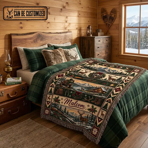 Personalized Hunting Deer Cabin Rifle Wilderness Tassels Blanket