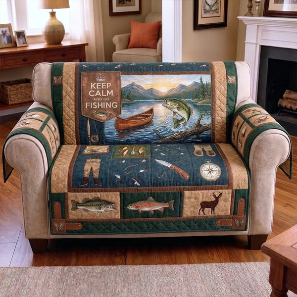 Keep Calm and Go Fishing Quilted Sofa Cover
