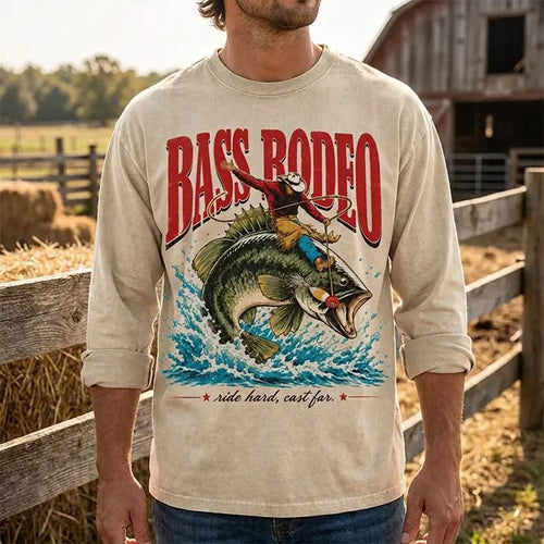 Bass Rodeo Cowboy Fishing Vintage Long Sleeve Shirt