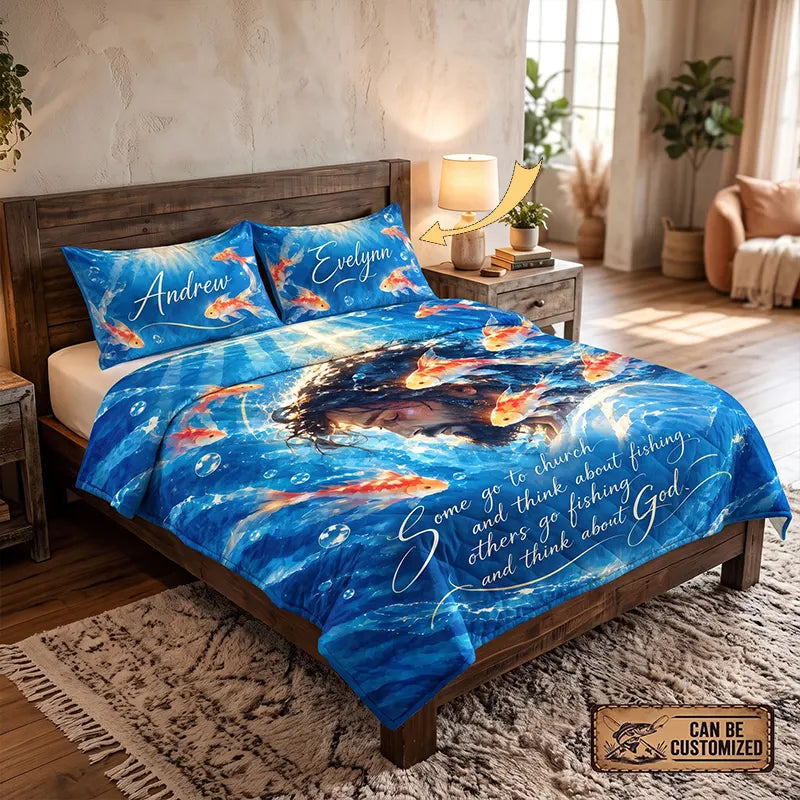 Christian Fishing Jesus Personalized Couple Quilt Bedding Set