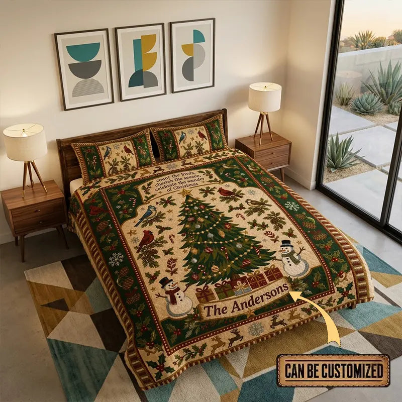 Personalized Christmas Birds Rustic Country Quilted Bedding Set