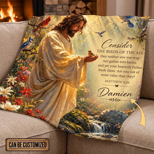Personalized Matthew 6:26 Jesus Birds Christian Fleece Blanket