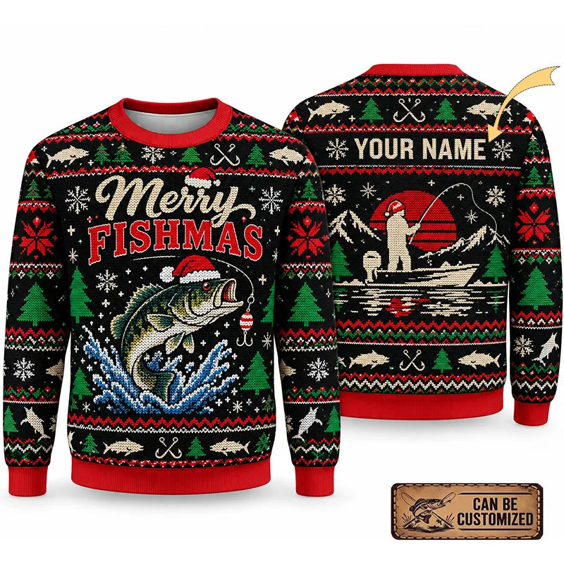 Custom Merry Fishmas Bass Fishing Ugly Christmas Sweater