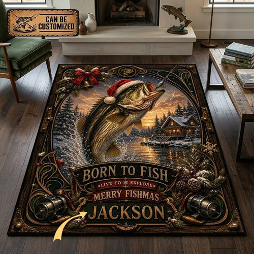 Personalized Christmas Bass Fishing Merry Fishmas Vintage Rug