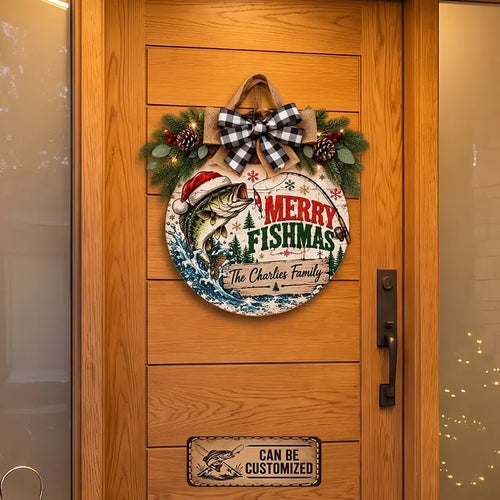 Personalized Merry Fishmas Christmas Round Door Sign