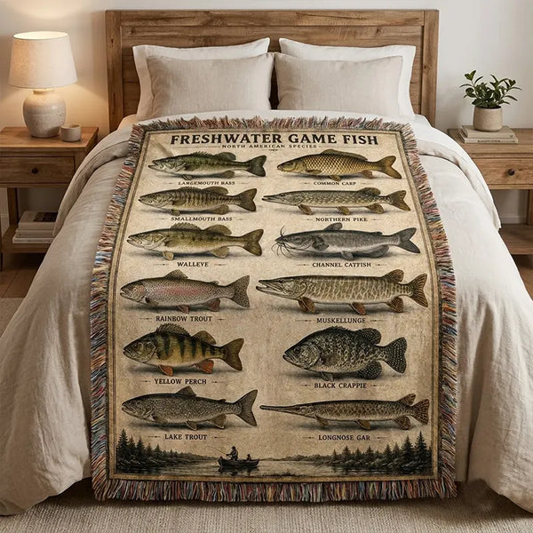 Freshwater Game Fish Vintage Woven Throw Tassels Blanket