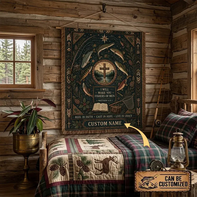 Personalized Trout Fishing Faith Matthew 4:19 Tassels Blanket