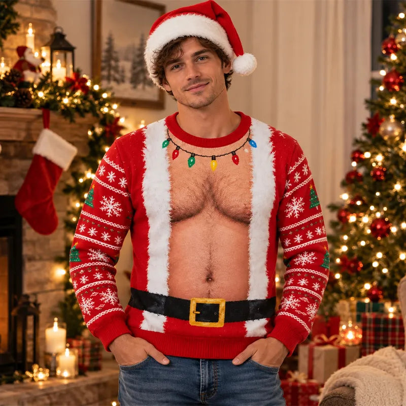 Santa Hairy Belly Funny 3D Ugly Christmas Sweater