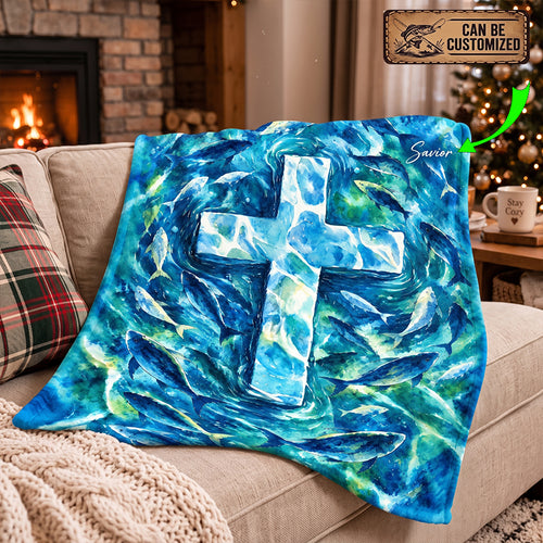 Personalized Savior Cross Ocean Fish Christian Fleece Blanket