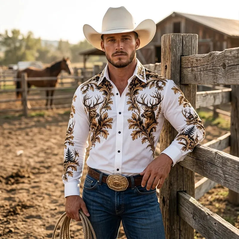 Wild Deer Hunting Oak Leaves Western Shirt
