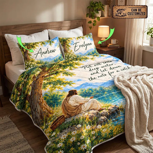 Jesus Fishing Luke 5:4 Christian Quilt Bedding Set