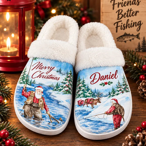 Personalized Christmas Fishing Santa & Reindeer Faux Fur Slippers