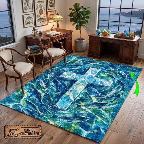 Personalized Savior Cross Ocean Fish Christian Rug