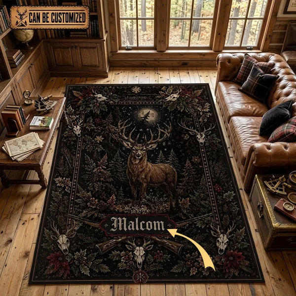 Personalized Stag Winter Wilderness Decor Midnight Hunt Rug
