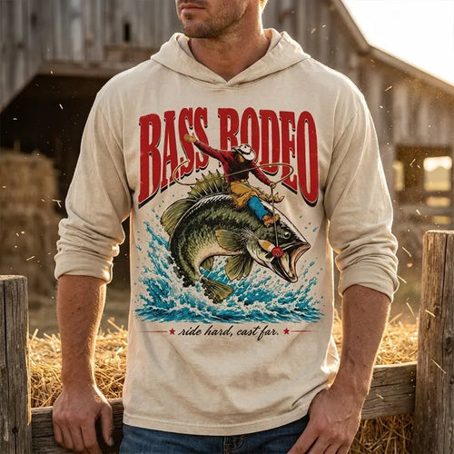 Bass Rodeo Cowboy Fishing Vintage Hooded Long Sleeve Shirt