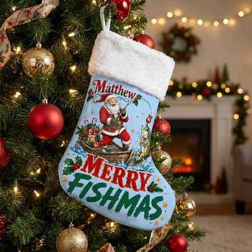 Personalized Santa Bass Fishing Merry Fishmas Christmas Stocking