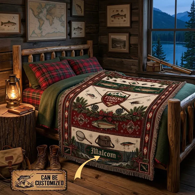 Personalized Fishing Lodge Trout Fishing Tassels Blanket
