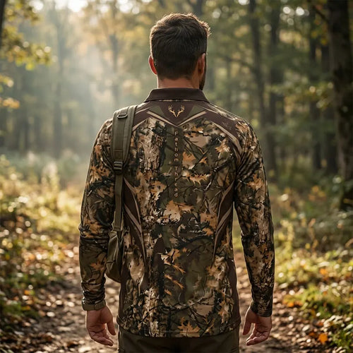 Fathom Threads Deer Antler Camo Hunting Polo Long Sleeve Shirt