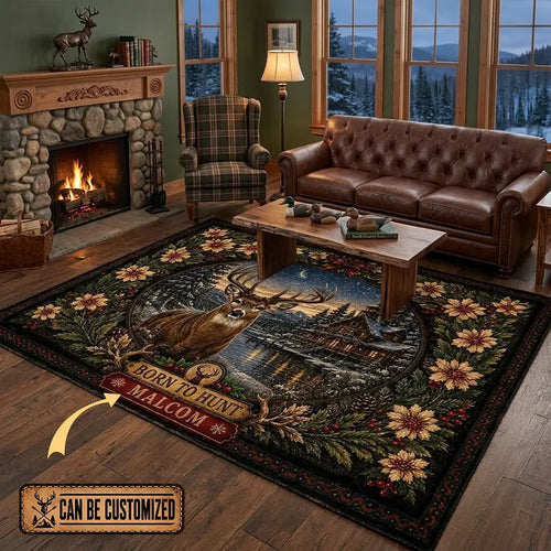 Personalized Born to Hunt Deer Cabin Christmas Vintage Rug