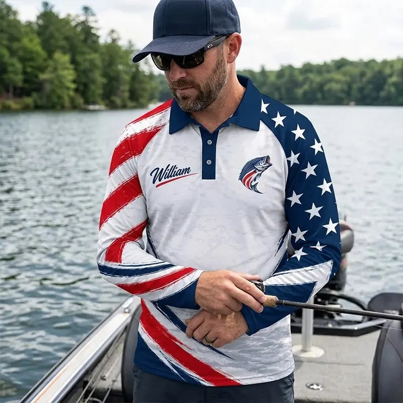 Custom American Bass Fishing Patriotic Polo Long Sleeve Shirt