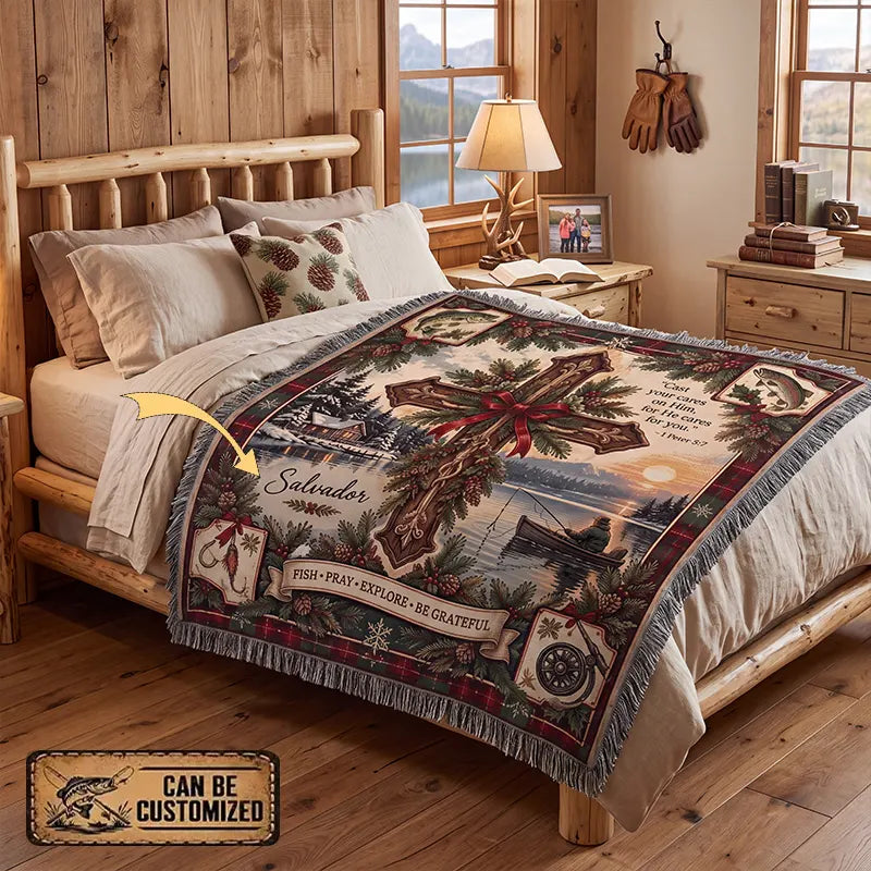 Cast Your Cares On Him Fishing Faith Tassels Blanket