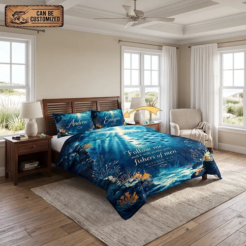Personalized Matthew 4:19 Christian Fishing Ocean Quilt Bedding Set