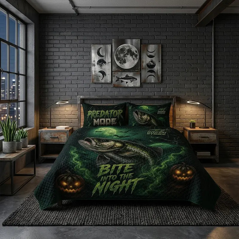 Bite Into the Night Halloween Bass Fishing Quilted Bedding Set