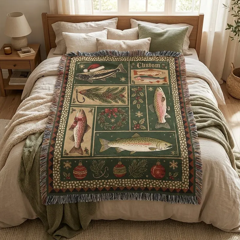 Personalized Vintage Christmas Fishing Tassels Blanket
