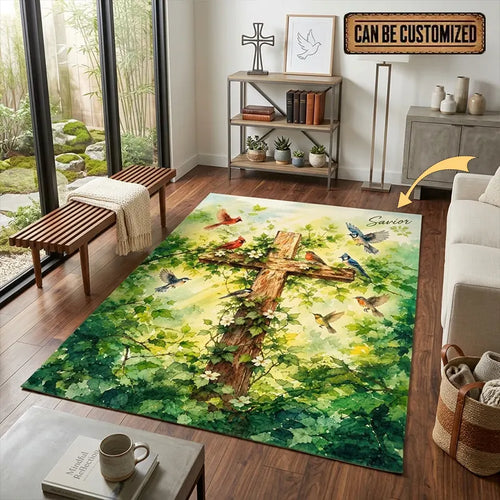 Savior Christian Cross Birds Personalized Area Rug