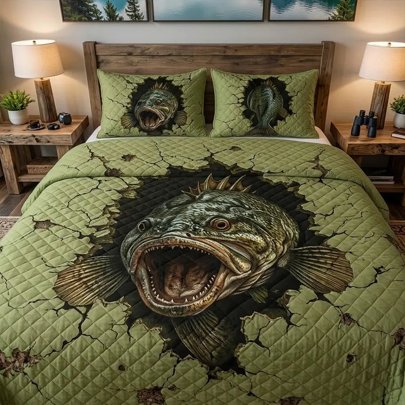 Largemouth Bass Breaking Through Quilt Bedding Set
