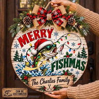 Personalized Merry Fishmas Christmas Round Door Sign