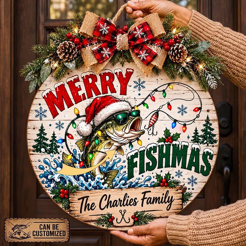 Personalized Merry Fishmas Christmas Round Door Sign