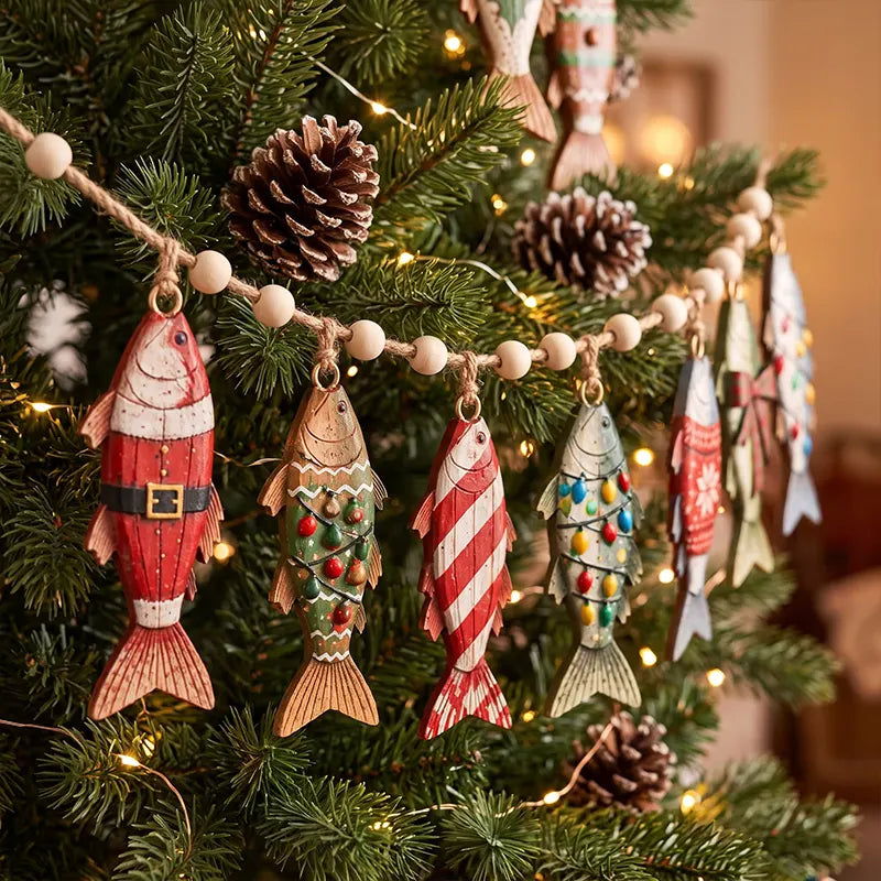 Vintage Christmas Fish Wooden Garland