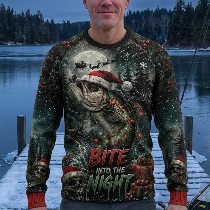 Bite Into the Night Bass Fishing Ugly Christmas Sweater