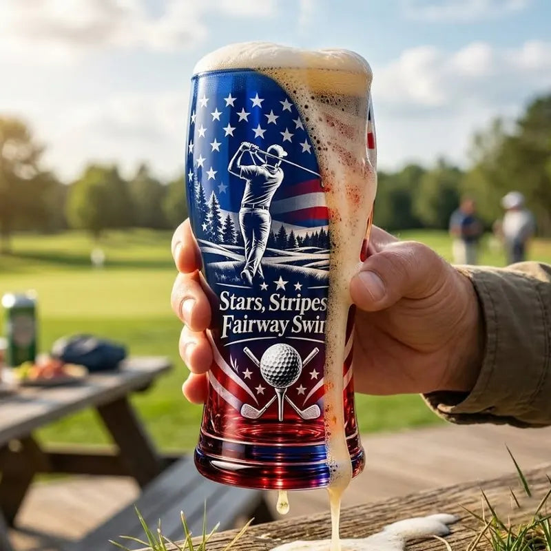 Personalized Stars Stripes & Fairway Swings Patriotic Golf Drinking Glass