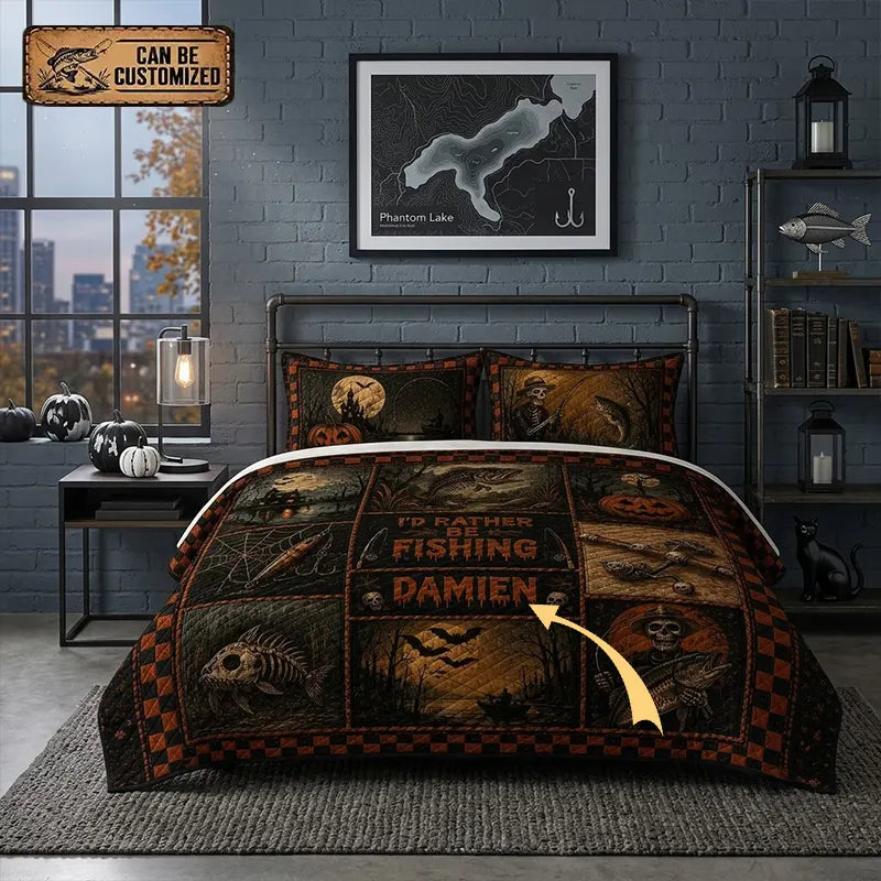 Personalized I'd Rather Go Fishing Quilted Bedding Set