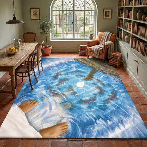 Catholic Jesus Walking on Water Fish Cross Christian Rug