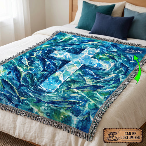 Personalized Catholic Cross Ocean Fish Woven Tassels Blanket
