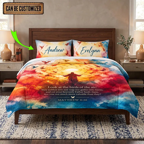 Matthew 6:26 Christian Birds Watercolor Quilt Bedding Set