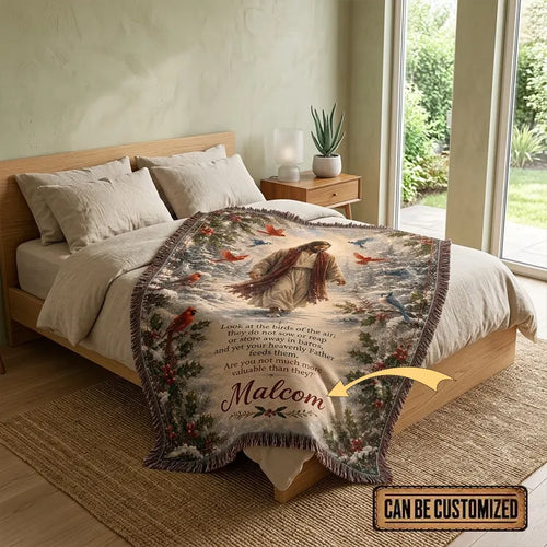 Personalized Jesus Look at the Birds of the Air Tassels Blanket